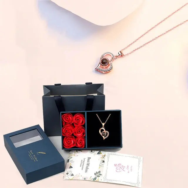 100 Languages "I Love You" Necklace with 6 Roses Luxury Gift Box - Pawsome zkcreartive