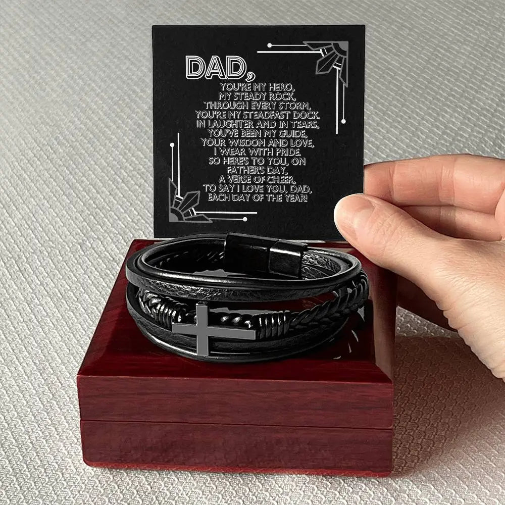 Dad, you're my Hero my steady rock. Men's leather Cross Bracelet - Pawsome zkcreartive