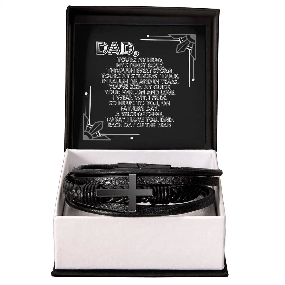 Dad, you're my Hero my steady rock. Men's leather Cross Bracelet - Pawsome zkcreartive